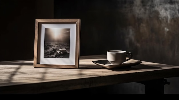 A framed photo of a coffee cup and a wooden frame with the word sea on it.