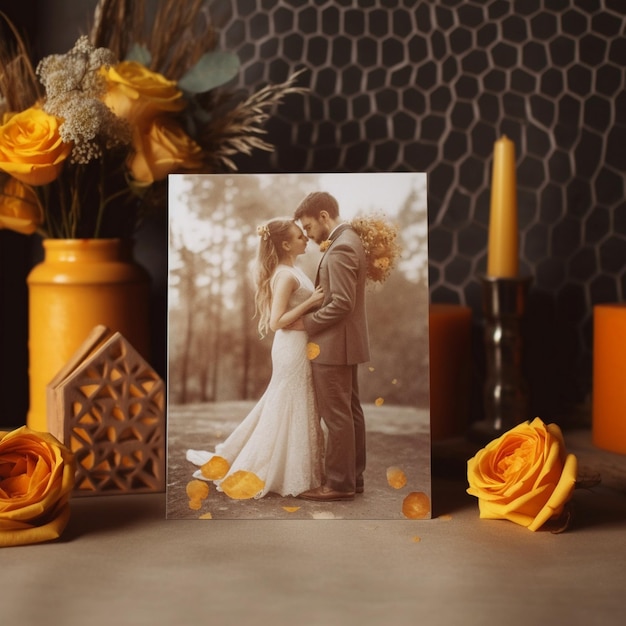 a framed photo of a couple in a forest with yellow roses.