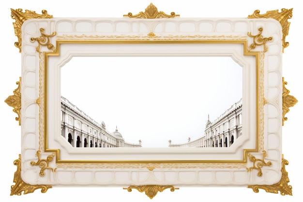 a framed picture of a building with a row of buildings on the left.