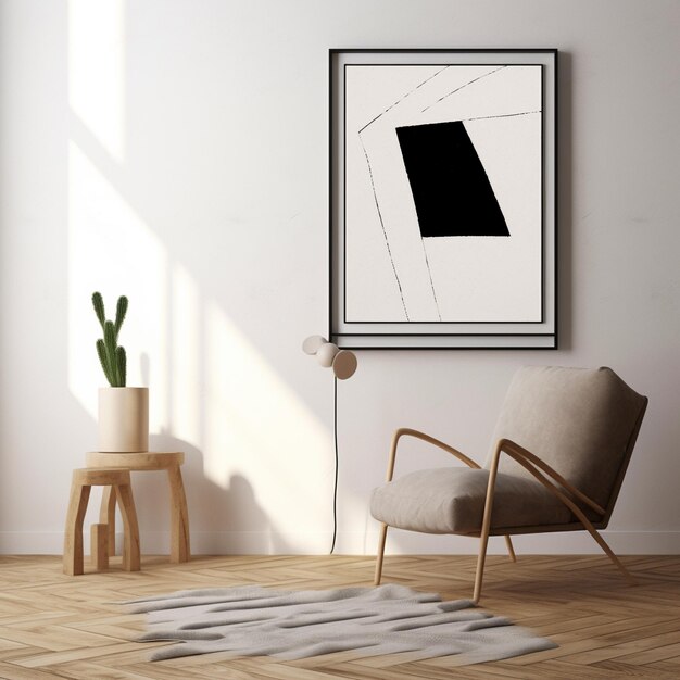 a framed picture of a chair and a chair in a room with a chair and a table