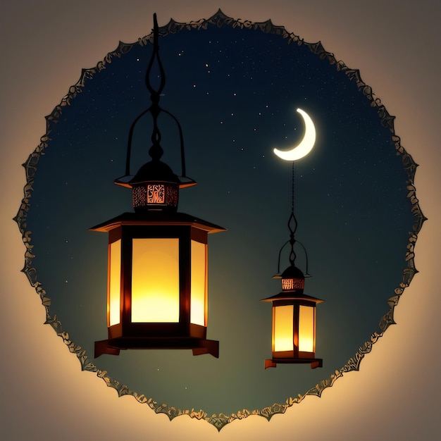 A framed picture of a crescent moon and two hanging lanterns with a crescent moon in the background.