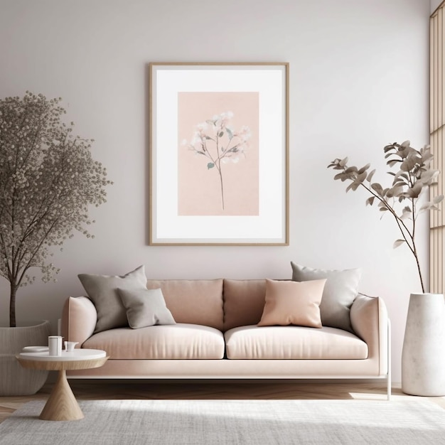 A framed picture of a flower hangs on a wall in a living room.