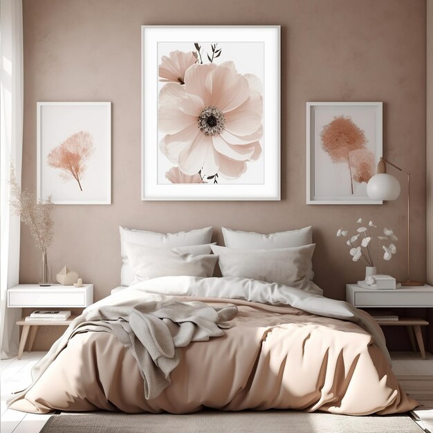 A framed picture of a flower is above a bed.