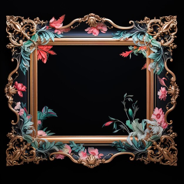 a framed picture of flowers and leaves on a black background