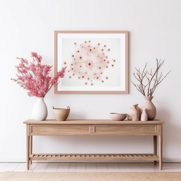 a framed picture of flowers and a pink flower on a white wall