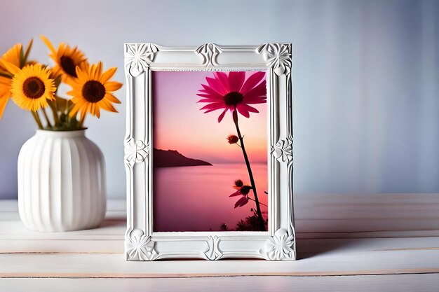 Photo a framed picture of flowers and a sunset in a white vase.