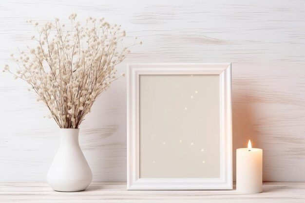 a framed picture of flowers and a vase with a white vase with flowers on the table.