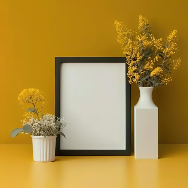 A framed picture of flowers and a vase with a yellow background.