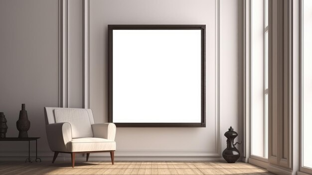 A framed picture hanging on a wall with a white chair and a black frame.