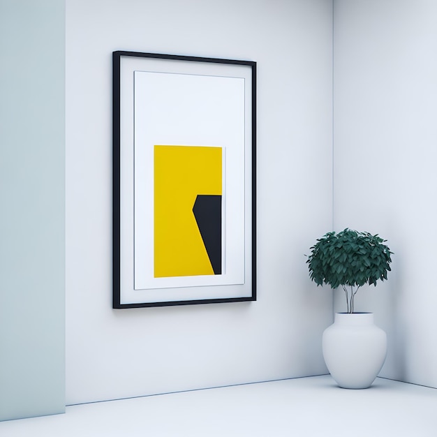 A framed picture hangs on a wall with a plant in the corner.