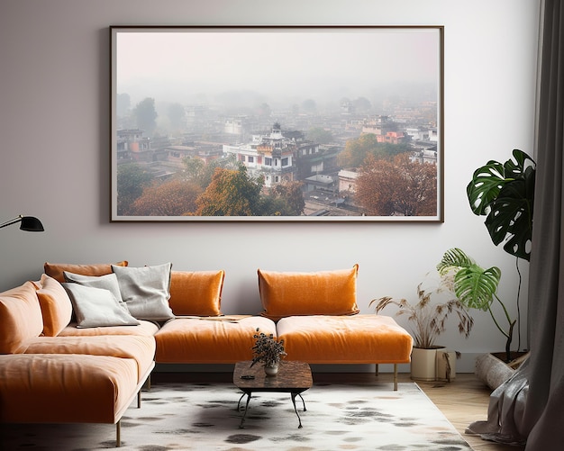 A framed picture of a house on a wall with a picture of a house on the wall.