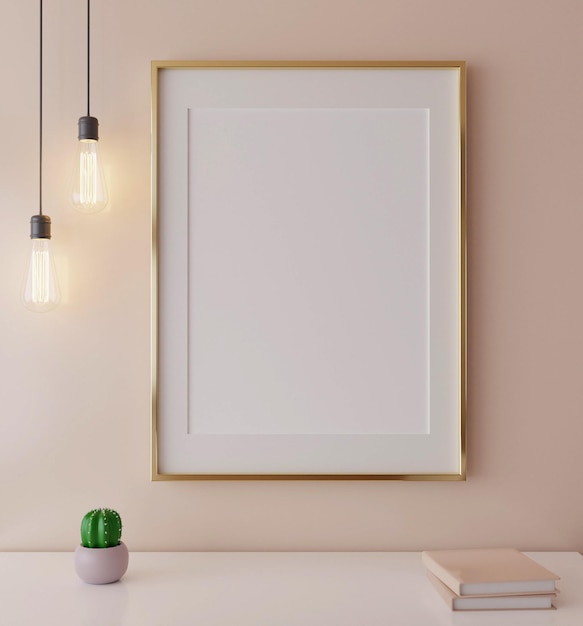 A framed picture is on a pink wall with a cactus on the table.