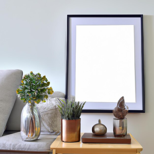 A framed picture is on a wall with a plant in a vase.