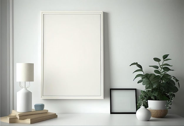 A framed picture is on a white table with a plant on it.