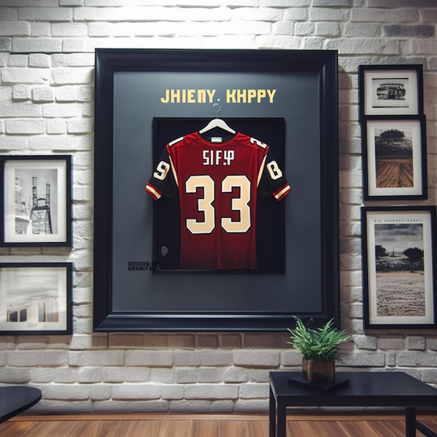 A framed picture of a jersey with the number 33 on it