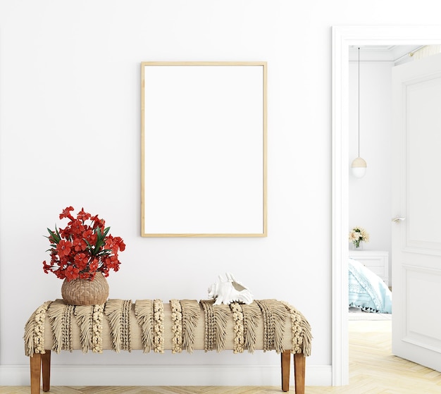 A framed picture mock up on a wall that says red flowers