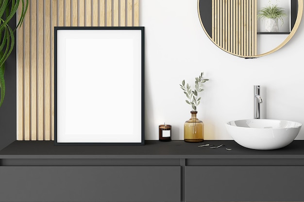 A framed picture mockup is on a black counter next to a white bowl