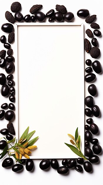 a framed picture of olives and a frame with a white background.