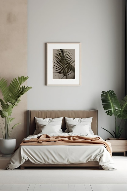 A framed picture of a palm leaf hangs above a bed.