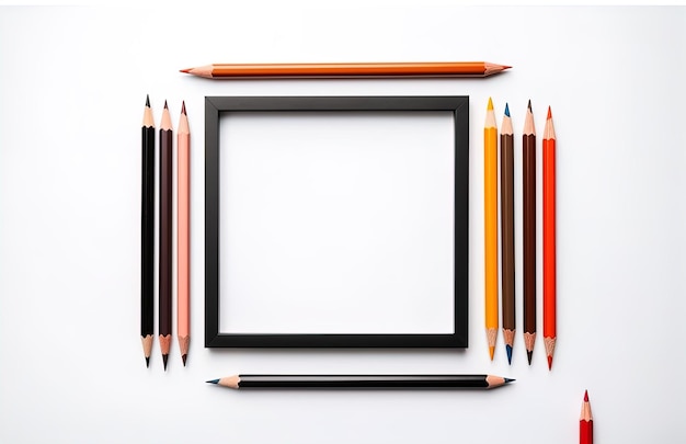 Foto una foto incorniciata di matite e una foto di loro su una parete bianca