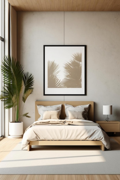 A framed picture of a plant next to a bed with a plant on it.