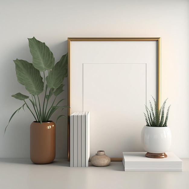 A framed picture of a plant and a pot with a plant on it