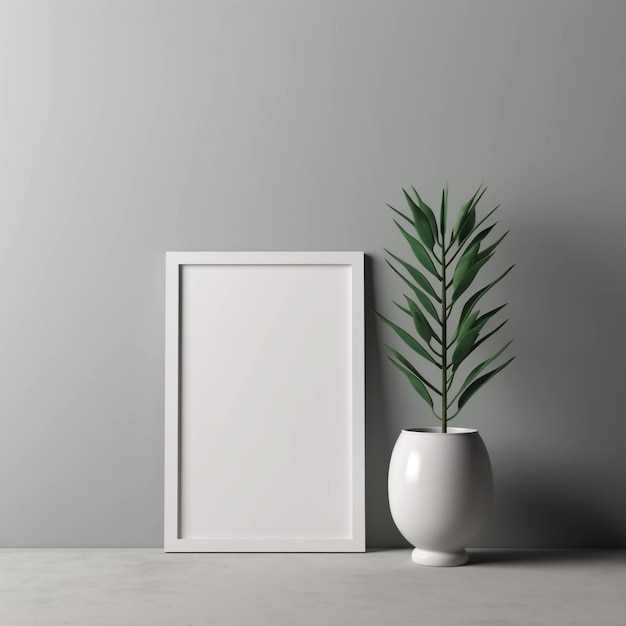 A framed picture of a plant next to a white vase.