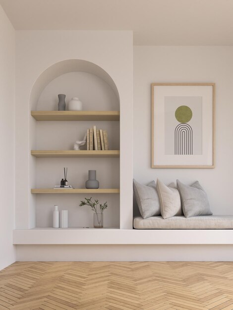 A framed picture of a room with a shelf that says'green'on it