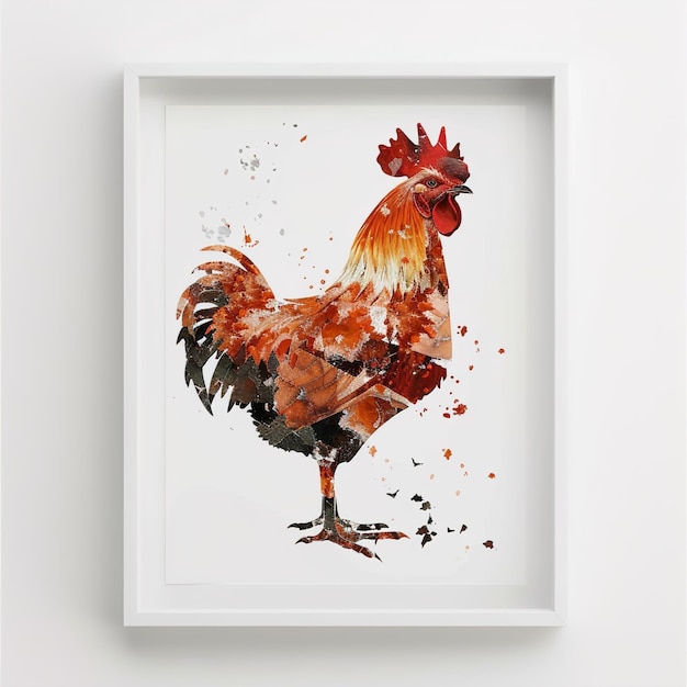 Photo a framed picture of a rooster with a white frame that says  rooster