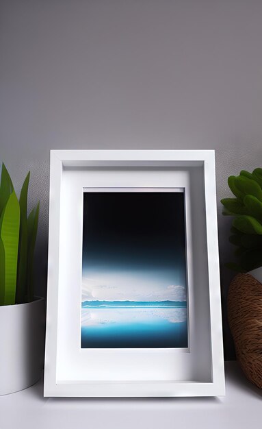 A framed picture of a sea and a palm tree.