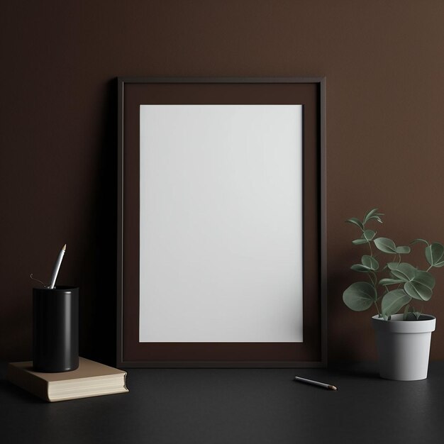 A framed picture sits on a table next to a plant and a plant