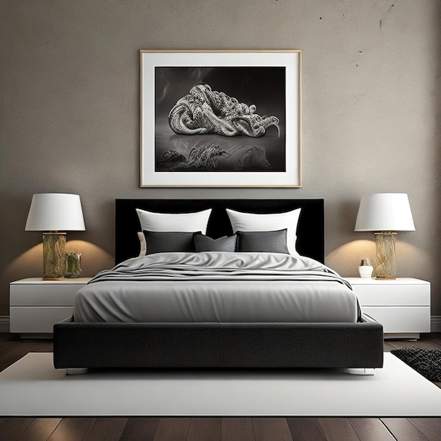 A framed picture of a sleeping woman is above a bed.