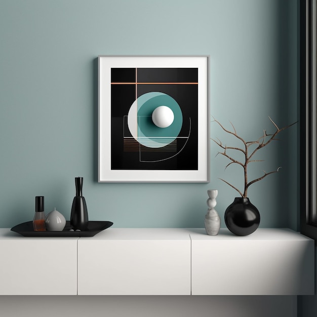 a framed picture of a sun in a blue wall with a black and white circle on the frame