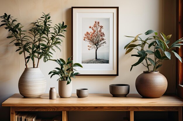 A framed picture of a tree and potted plant on a table.