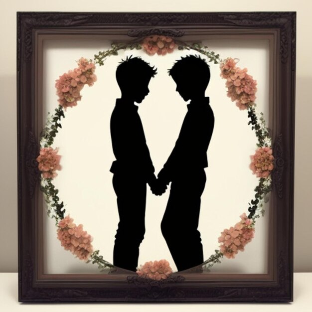 a framed picture of two people and a man with flowers on it