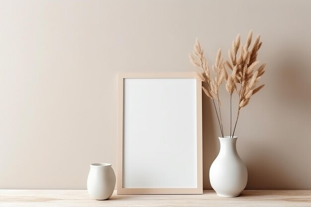 a framed picture of a vase and vases on a table.