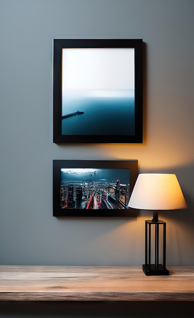 A framed picture on a wall that says sunset and a city.