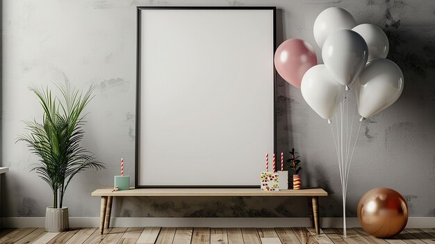 a framed picture on a wall with balloons and a picture of a gift box