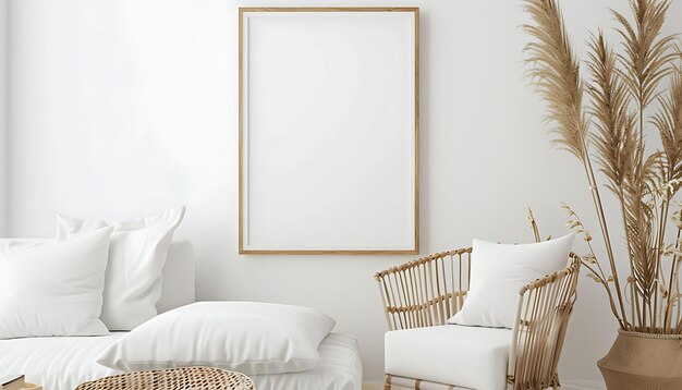 a framed picture on a wall with a white frame and a white chair