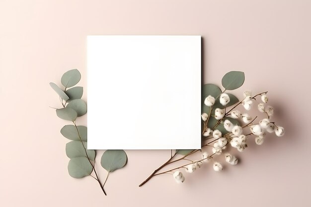 Photo a framed picture of a white flower and branches with a pink background