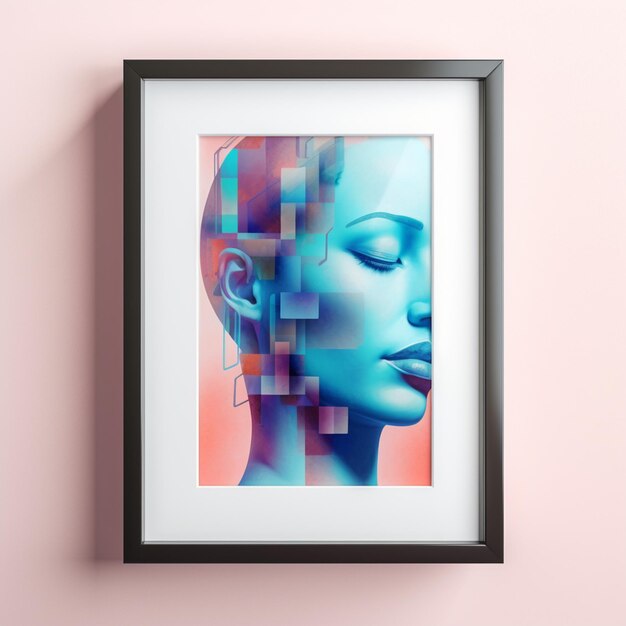 A framed picture of a woman with a blue face on the bottom.