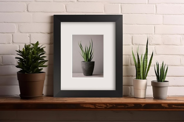 A framed plant sits on a shelf next to a potted plant.