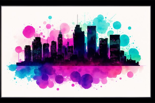 Photo a framed print of a cityscape with a colorful skyline in blue, pink, and purple colors.