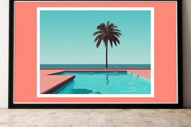 A framed print of a palm tree and a pool in front of the ocean