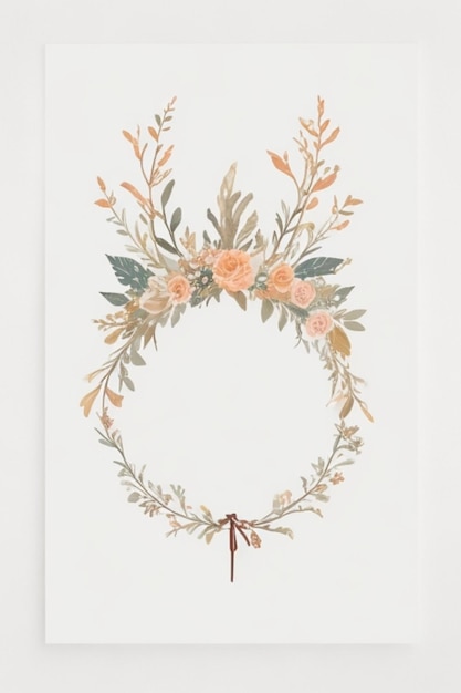 a framed print of a wreath with flowers and a string.