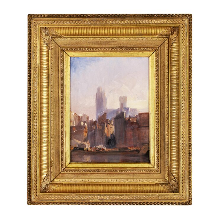 Photo framed rouen cathedral png sunrise painting luxurious wall decor on transparent background remixed by rawpixel