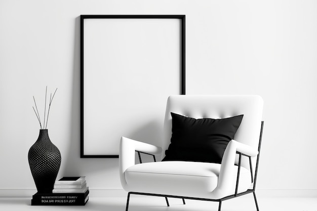 Framemodel in een elegant zwart-wit interieur met fauteuil Generative AI-illustratie