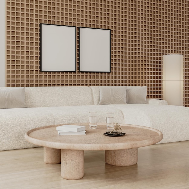 Photo frames mock up in modern living room interior with wooden wall panel and white sofa 3d render