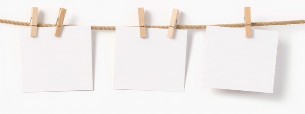 frames that hang on a rope with clothespins and isolated on white Blank cards on rope mockup tem