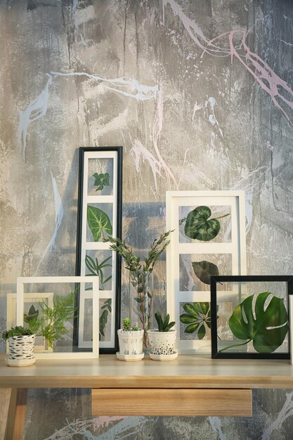 Frames with green leaves and succulents on wooden table